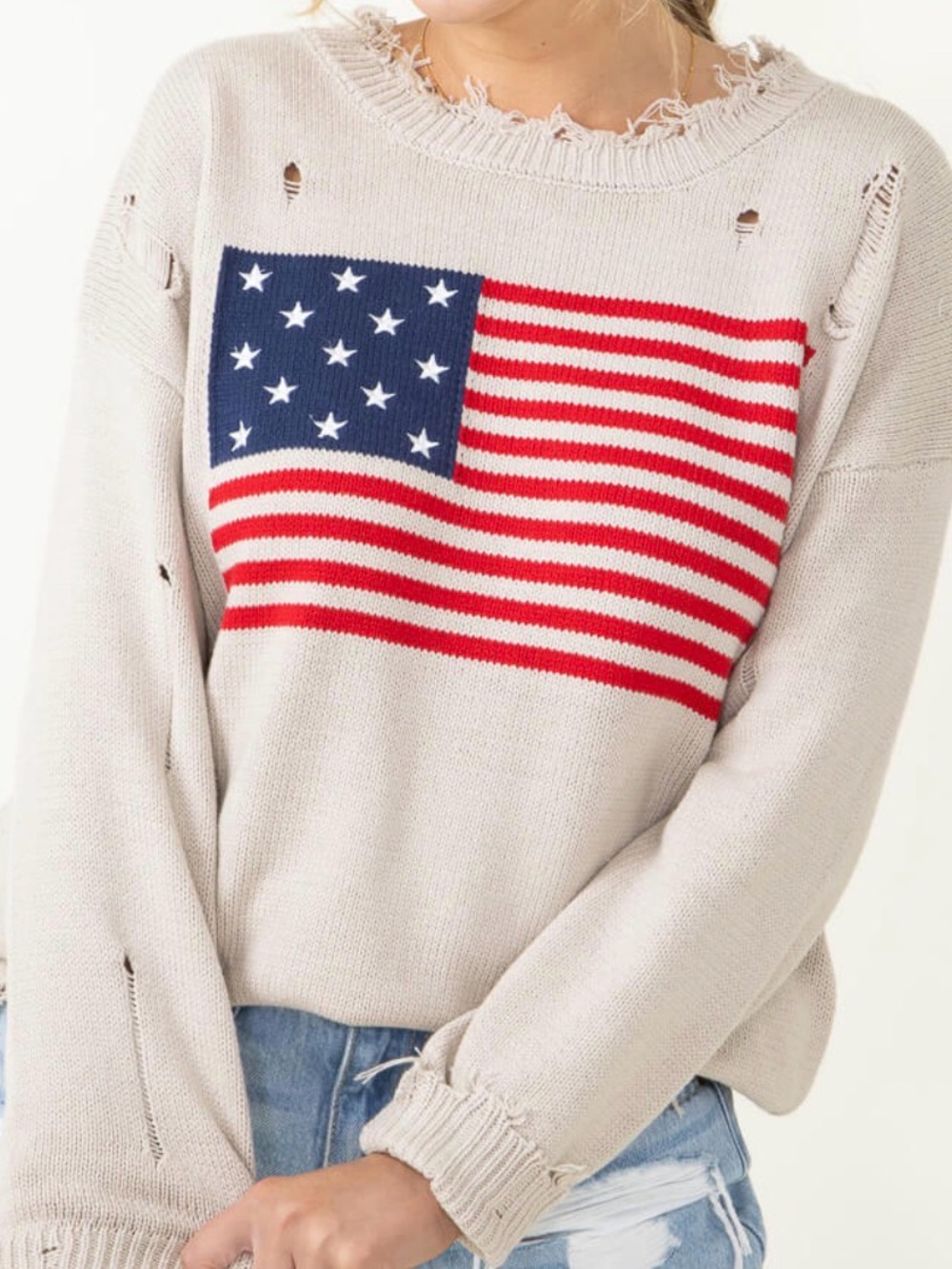 Miracle Cream Sweater with Red & Blue Flag Motif